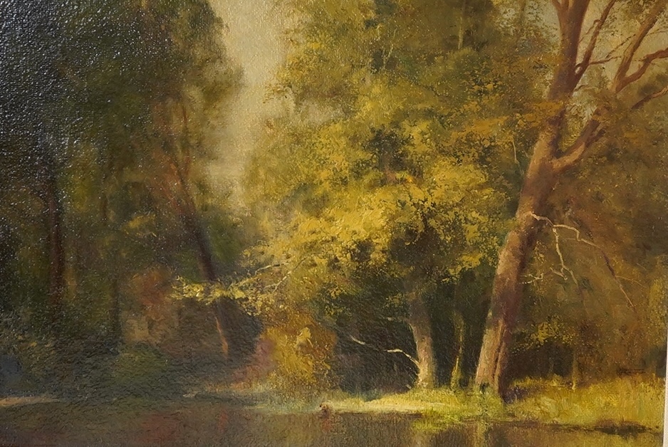 Kenneth Denton (b.1932), oil on board, ‘’Epping Forest’’, signed bottom left, 34x49cm. Condition - good, some losses to frame